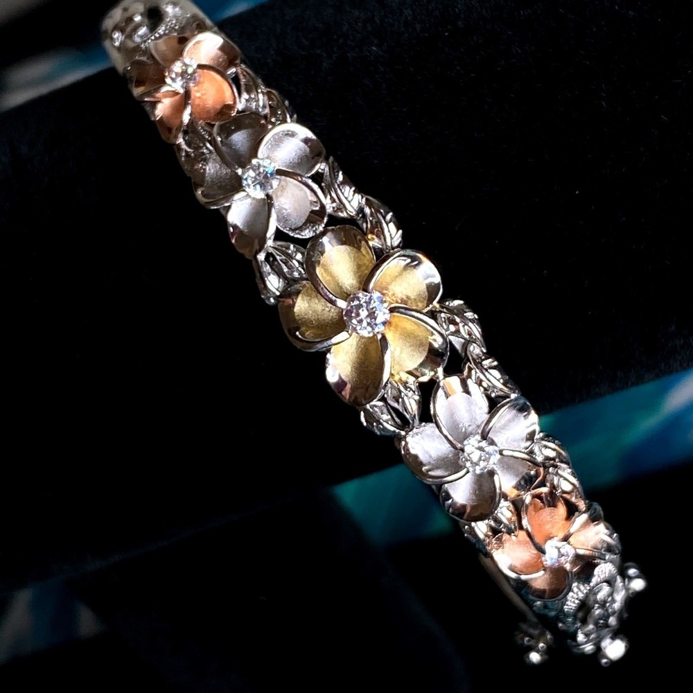 Hawaiian Plumeria Flower Silver & Gold Bangle Bracelet CZ Scroll Engraved Hawaii